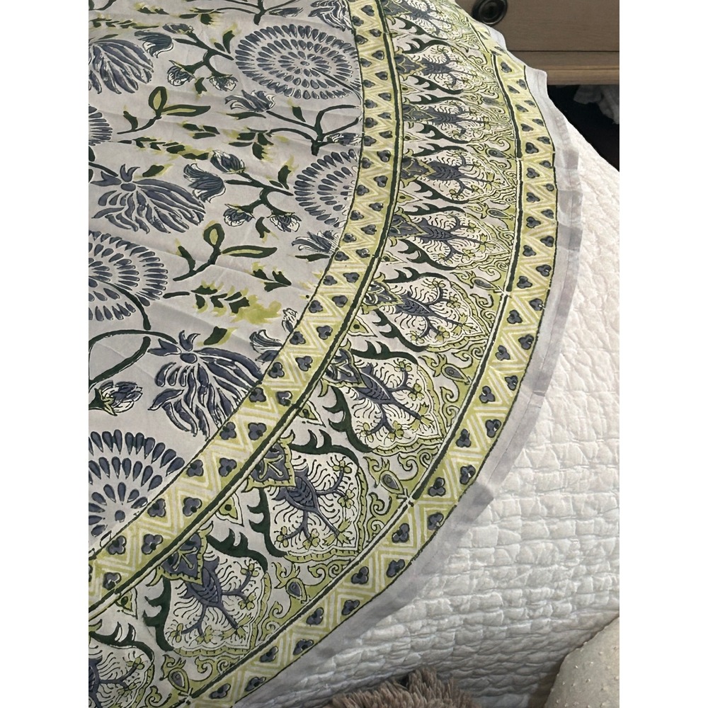 Natural Habitat Maya Blue Tablecloth 86 Round Cotton Hand Block Print India